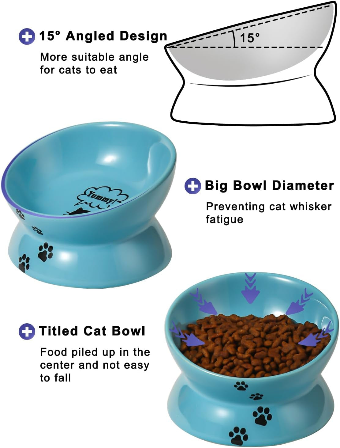 Elevated Cat Food Bowl, Ceramic Raised Cat Bowl, Tilt Angle Protect Cat's Spine