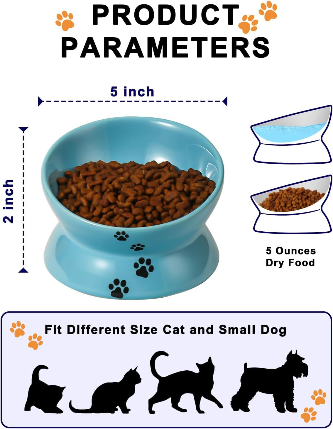 Elevated Cat Food Bowl, Ceramic Raised Cat Bowl, Tilt Angle Protect Cat's Spine