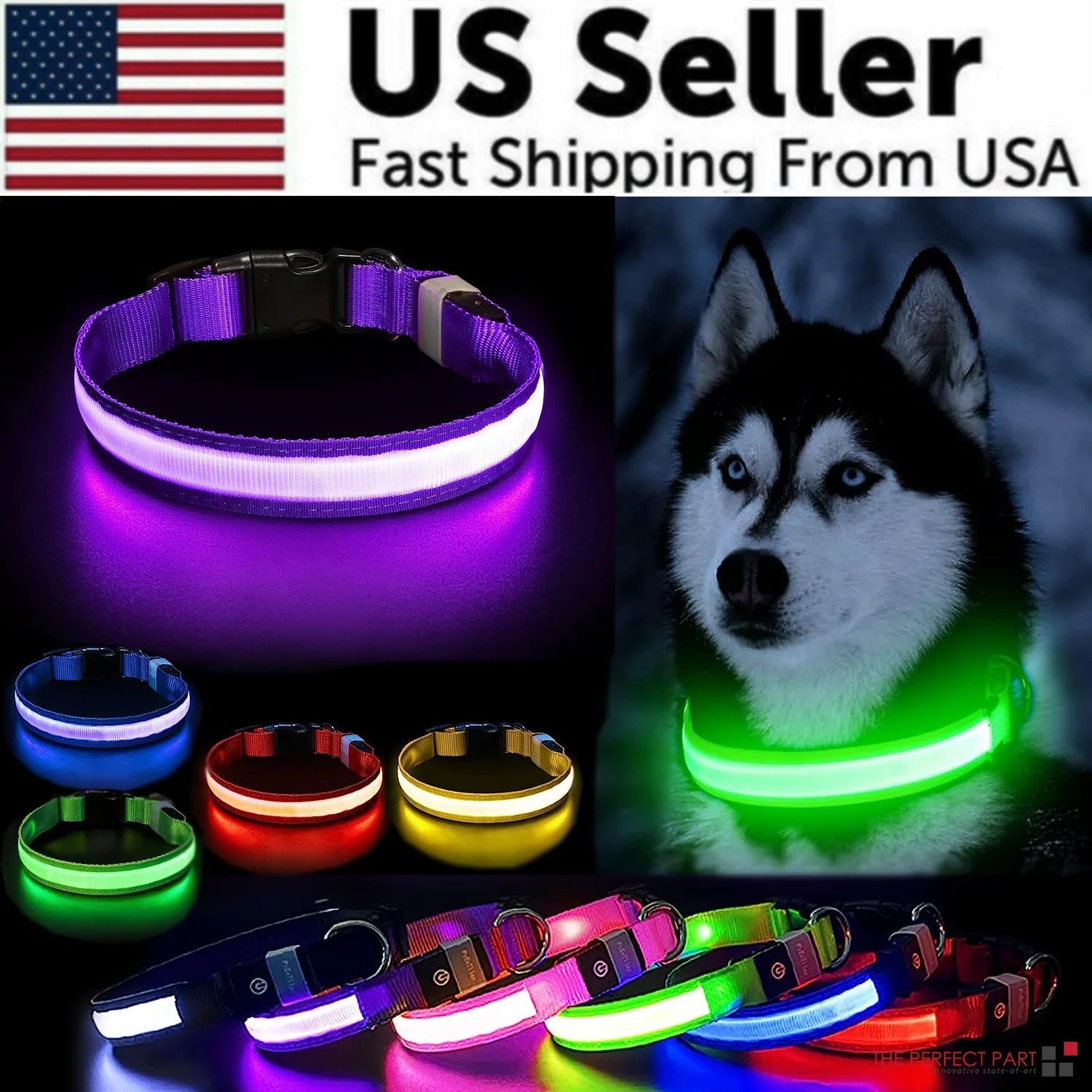 LED Adjustable Dog Collar Blinking Flashing Light up Glow