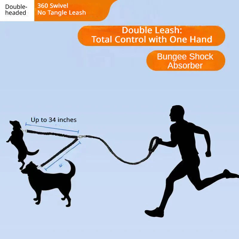 Dual Dog Leash with Bungee Stretch Line, 360 Swivel No Tangle Walking Leash