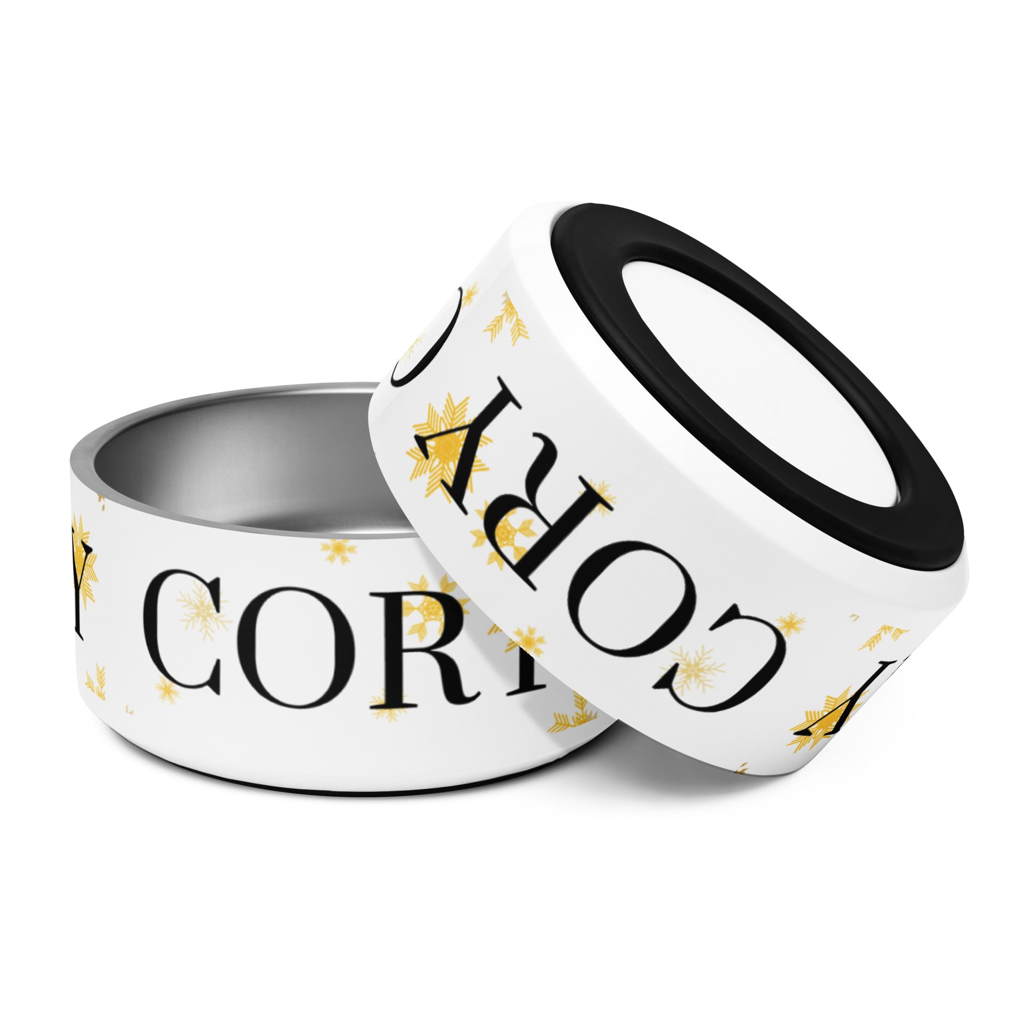 Personalized Pet Name Bowl, Gold Snowflakes