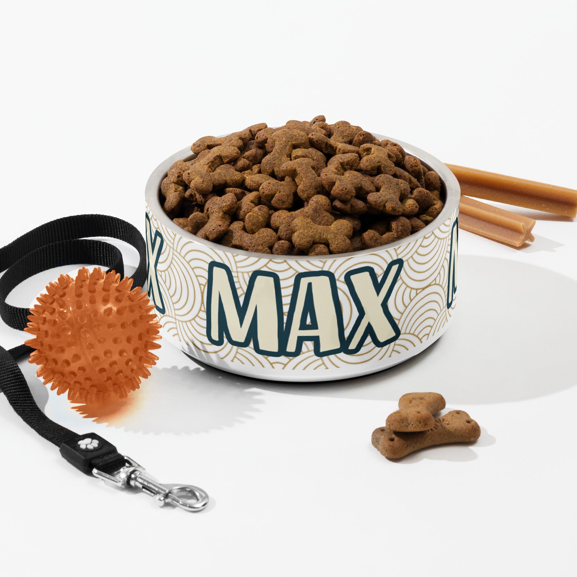 Minimalist Design Personalized Pet Bowl for Max! Add your pet's name.