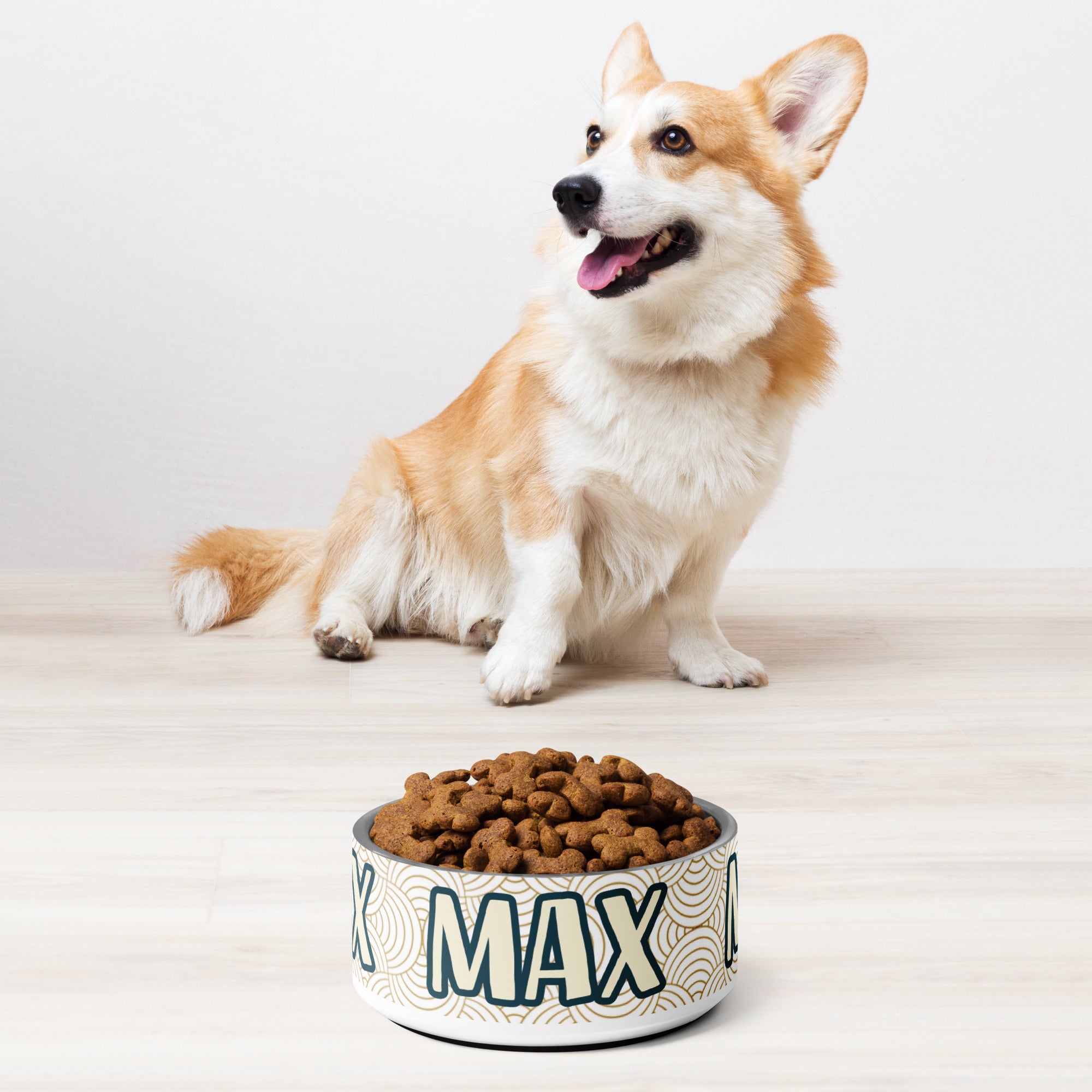 Minimalist Design Personalized Pet Bowl for Max! Add your pet's name.