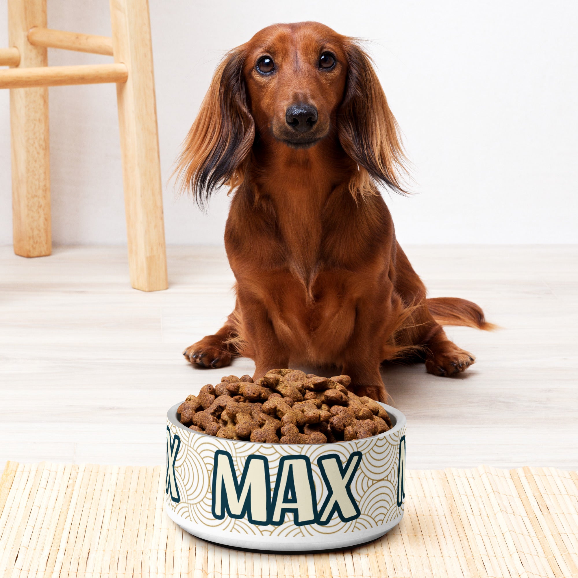 Minimalist Design Personalized Pet Bowl for Max! Add your pet's name.