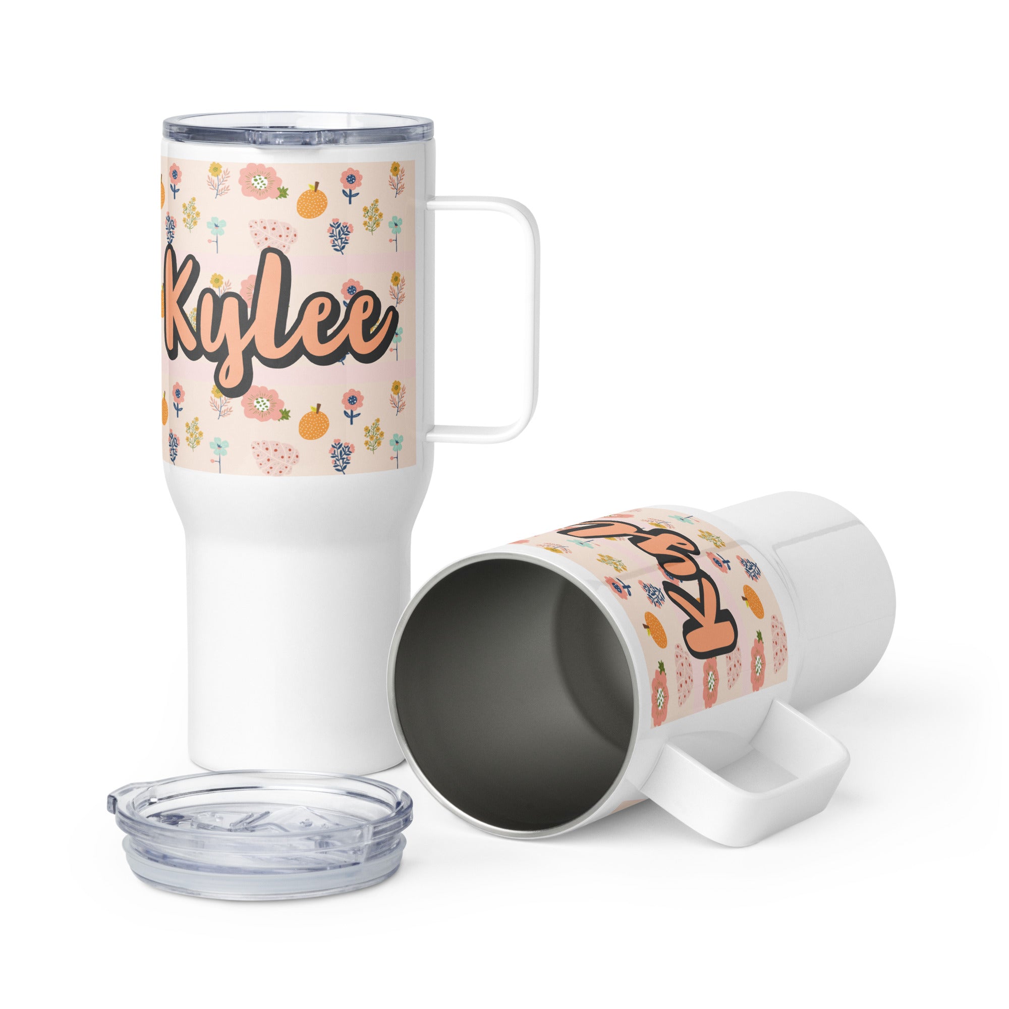 Boho Flowers Personalized 25 oz Travel mug with a handle