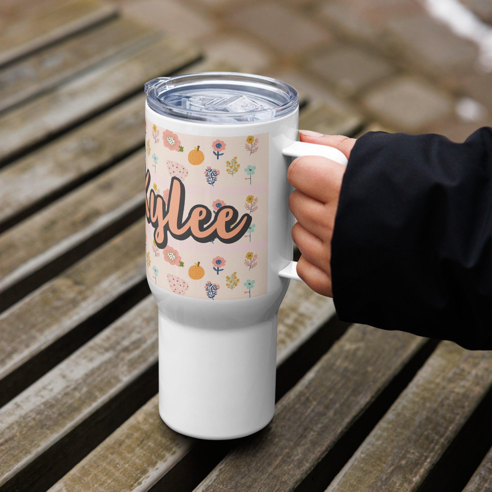 Boho Flowers Personalized 25 oz Travel mug with a handle