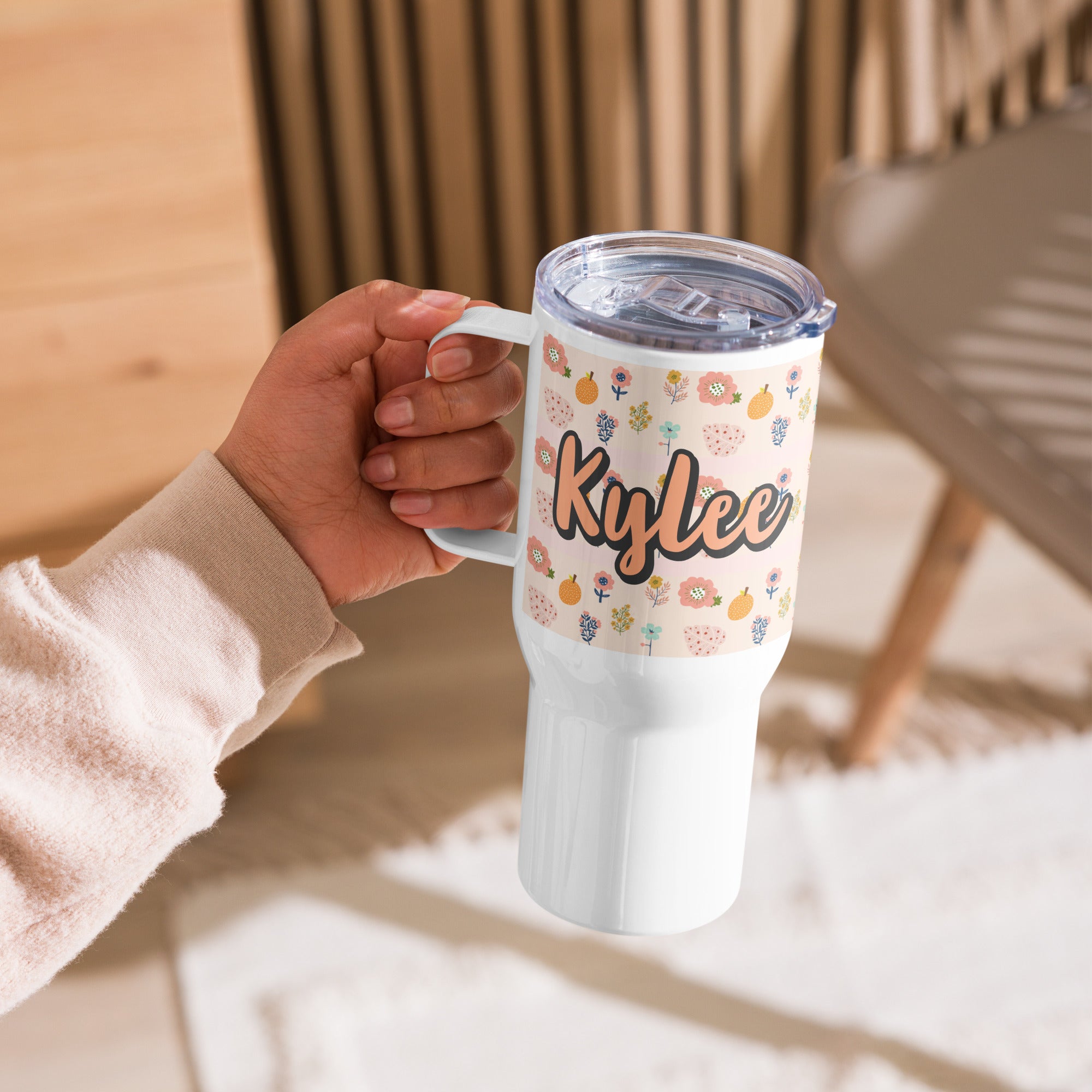 Boho Flowers Personalized 25 oz Travel mug with a handle